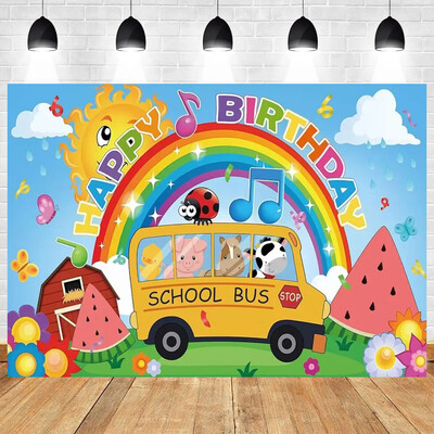 Animale din desene animate Pepene verde Tema Autobuz școlar Petrecere de aniversare Baby Shower Fotografie Fundal din vinil Materiale pentru decorarea camerei copiilor
