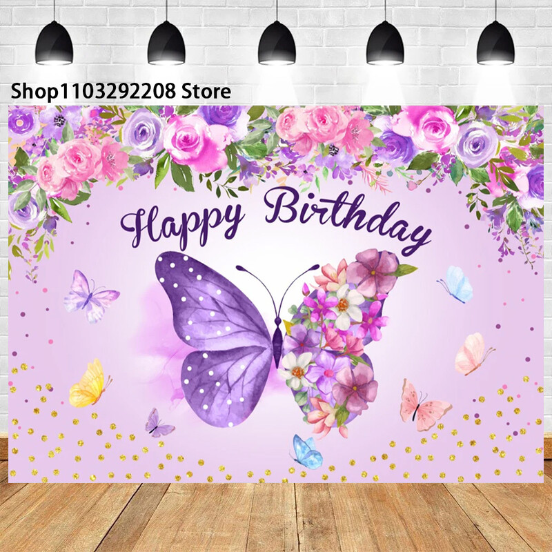 Álmodozó pillangó témájú fotózás gyermek születésnapi parti babaváró lila virágok transzparens háttér dekoráció fotóstúdió