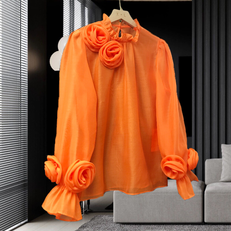 2024. tavasz, francia stílusú női ing, háromdimenziós virágos patchwork színes blúz tömör, hosszú ujjú női felső 42927