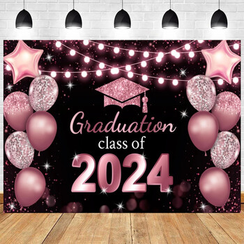 2024 Graduation Theme Photography Pink and Gold Glitter Balloons Bachelor Hat Congrats Grad Party Decor banner Photo Foto