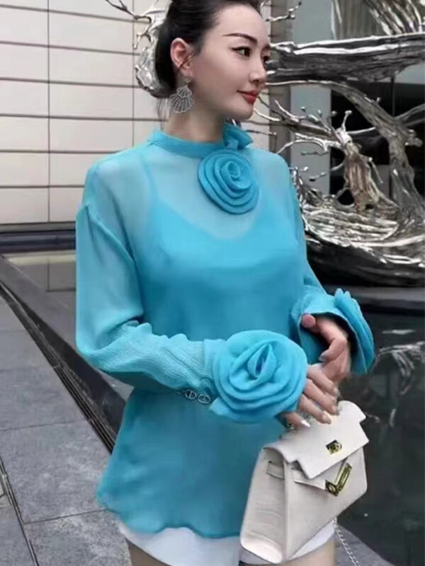 2024. tavaszi nyár új női felső, két darabból készült háromdimenziós virágok átlátszó vékony sifon ing, hosszú ujjú 4390