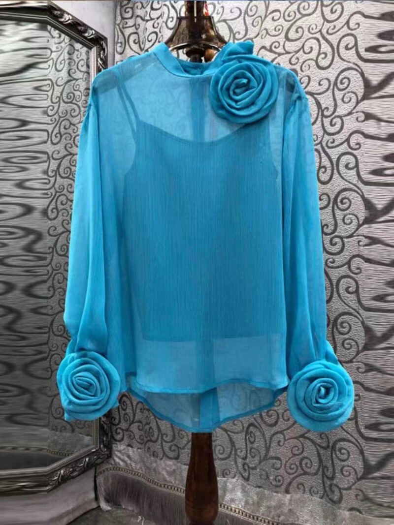 2024. tavaszi nyár új női felső, két darabból készült háromdimenziós virágok átlátszó vékony sifon ing, hosszú ujjú 4390