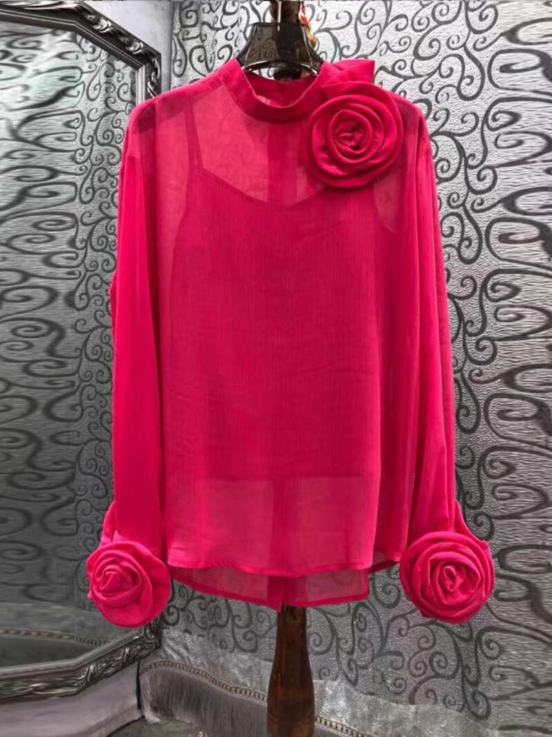 2024. tavaszi nyár új női felső, két darabból készült háromdimenziós virágok átlátszó vékony sifon ing, hosszú ujjú 4390