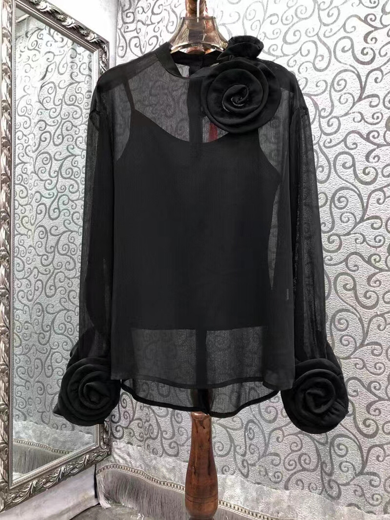 2024. tavaszi nyár új női felső, két darabból készült háromdimenziós virágok átlátszó vékony sifon ing, hosszú ujjú 4390