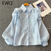 EWQ Cămașă casual cu design cu îmbinare cu protecție solară pentru femei, guler cu rever, mânecă lanternă, culoare uni, topuri, îmbrăcăminte 2024 nou 27X239