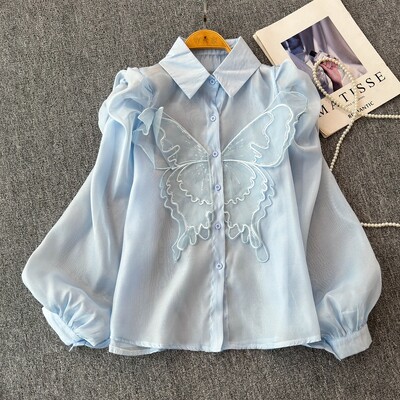 EWQ Cămașă casual cu design cu îmbinare cu protecție solară pentru femei, guler cu rever, mânecă lanternă, culoare uni, topuri, îmbrăcăminte 2024 nou 27X239