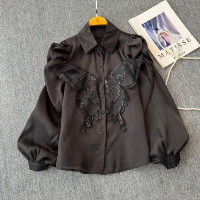 EWQ Cămașă casual cu design cu îmbinare cu protecție solară pentru femei, guler cu rever, mânecă lanternă, culoare uni, topuri, îmbrăcăminte 2024 nou 27X239