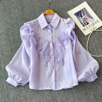 EWQ Cămașă casual cu design cu îmbinare cu protecție solară pentru femei, guler cu rever, mânecă lanternă, culoare uni, topuri, îmbrăcăminte 2024 nou 27X239