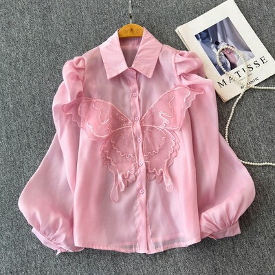 EWQ Cămașă casual cu design cu îmbinare cu protecție solară pentru femei, guler cu rever, mânecă lanternă, culoare uni, topuri, îmbrăcăminte 2024 nou 27X239