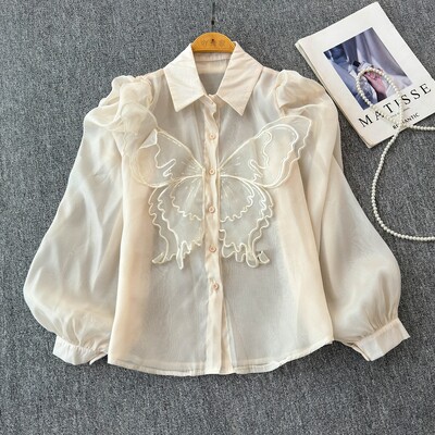 EWQ Cămașă casual cu design cu îmbinare cu protecție solară pentru femei, guler cu rever, mânecă lanternă, culoare uni, topuri, îmbrăcăminte 2024 nou 27X239