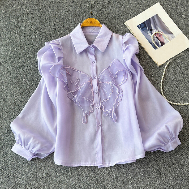 EWQ Cămașă casual cu design cu îmbinare cu protecție solară pentru femei, guler cu rever, mânecă lanternă, culoare uni, topuri, îmbrăcăminte 2024 nou 27X239