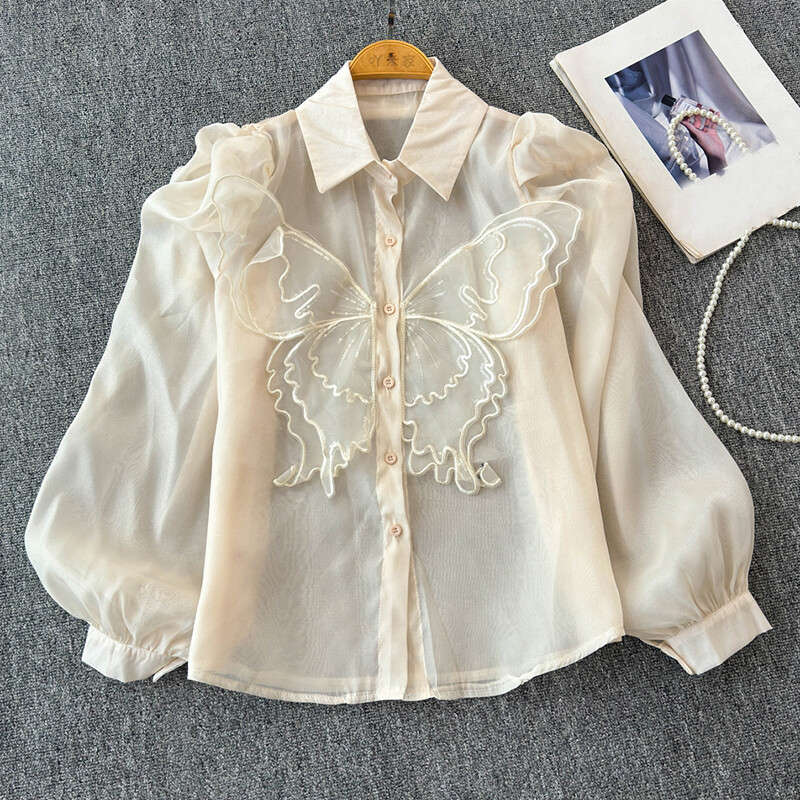 EWQ Cămașă casual cu design cu îmbinare cu protecție solară pentru femei, guler cu rever, mânecă lanternă, culoare uni, topuri, îmbrăcăminte 2024 nou 27X239