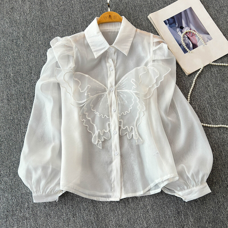 EWQ Cămașă casual cu design cu îmbinare cu protecție solară pentru femei, guler cu rever, mânecă lanternă, culoare uni, topuri, îmbrăcăminte 2024 nou 27X239