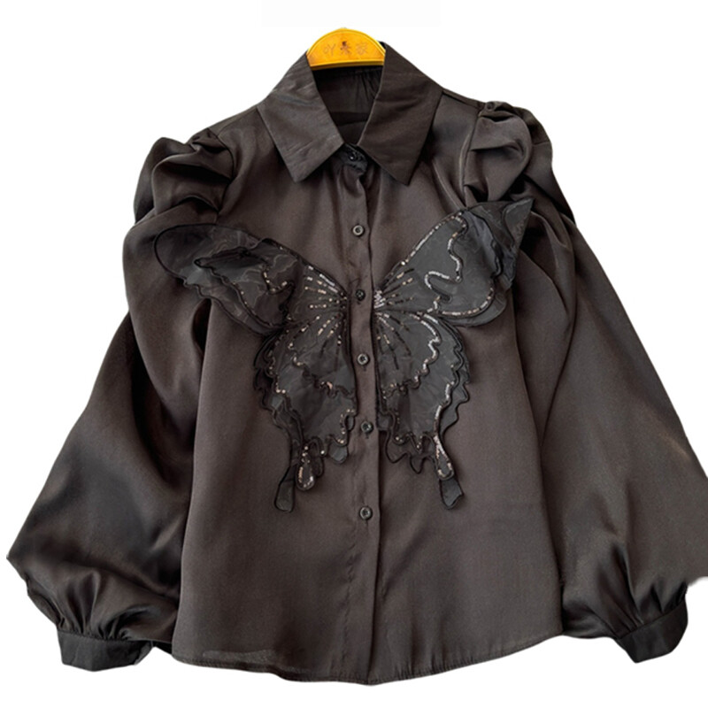 EWQ Cămașă casual cu design cu îmbinare cu protecție solară pentru femei, guler cu rever, mânecă lanternă, culoare uni, topuri, îmbrăcăminte 2024 nou 27X239