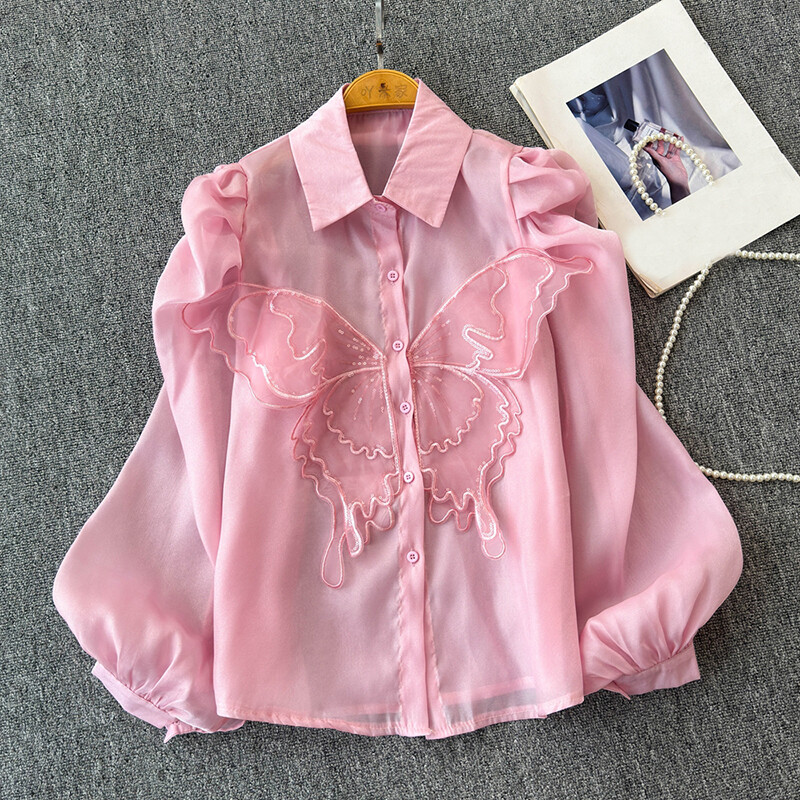 EWQ Cămașă casual cu design cu îmbinare cu protecție solară pentru femei, guler cu rever, mânecă lanternă, culoare uni, topuri, îmbrăcăminte 2024 nou 27X239