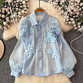 EWQ alkalmi fényvédő 3D virágos póló női hajtóka galléros hosszú ujjú divat felsők ruházat 2024 nyár új 27X500