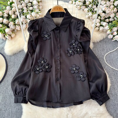 EWQ alkalmi fényvédő 3D virágos póló női hajtóka galléros hosszú ujjú divat felsők ruházat 2024 nyár új 27X500