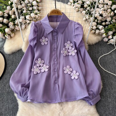 EWQ alkalmi fényvédő 3D virágos póló női hajtóka galléros hosszú ujjú divat felsők ruházat 2024 nyár új 27X500