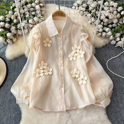 EWQ alkalmi fényvédő 3D virágos póló női hajtóka galléros hosszú ujjú divat felsők ruházat 2024 nyár új 27X500