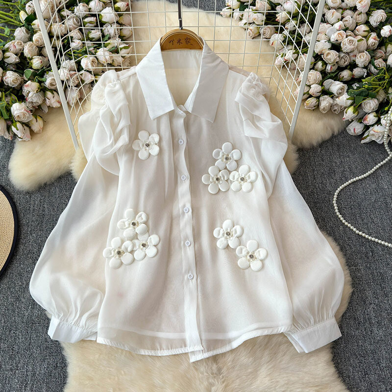 EWQ alkalmi fényvédő 3D virágos póló női hajtóka galléros hosszú ujjú divat felsők ruházat 2024 nyár új 27X500