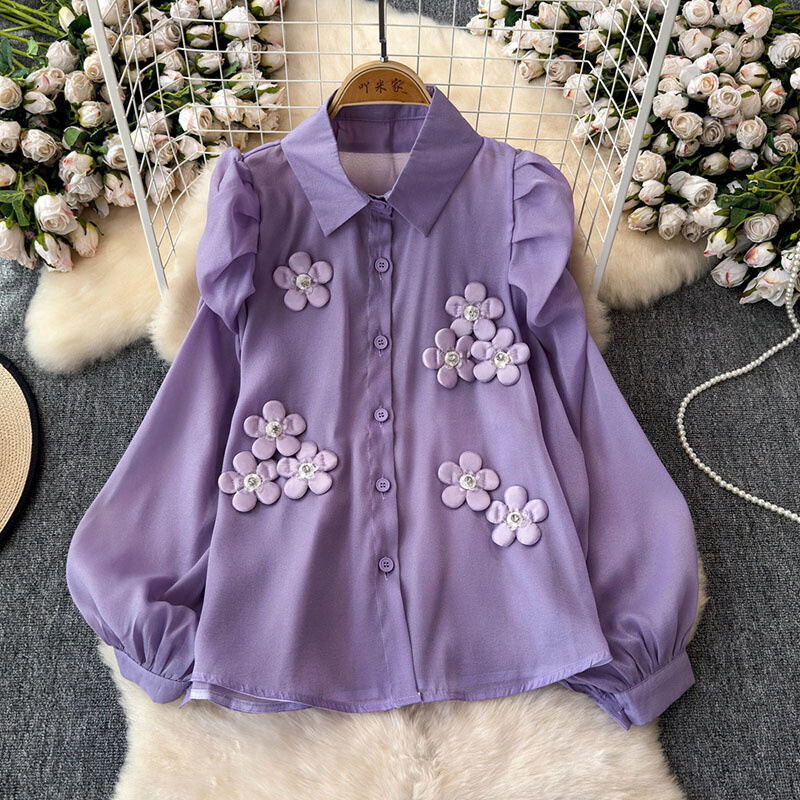 EWQ alkalmi fényvédő 3D virágos póló női hajtóka galléros hosszú ujjú divat felsők ruházat 2024 nyár új 27X500