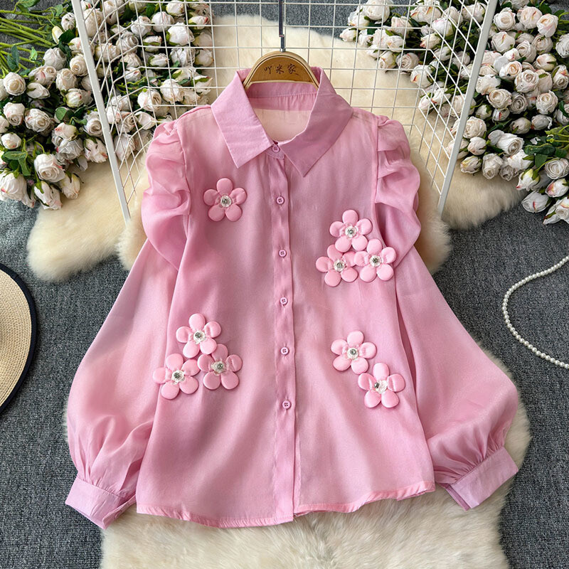 EWQ alkalmi fényvédő 3D virágos póló női hajtóka galléros hosszú ujjú divat felsők ruházat 2024 nyár új 27X500