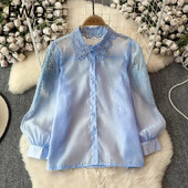 EWQ sokoldalú gyöngyhímzésű üreges női ing 2024 új, bő hajtókás galléros hosszú ujjú fényvédő felsőruha 27X908