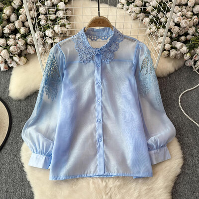 EWQ sokoldalú gyöngyhímzésű üreges női ing 2024 új, bő hajtókás galléros hosszú ujjú fényvédő felsőruha 27X908