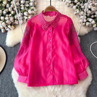 EWQ sokoldalú gyöngyhímzésű üreges női ing 2024 új, bő hajtókás galléros hosszú ujjú fényvédő felsőruha 27X908