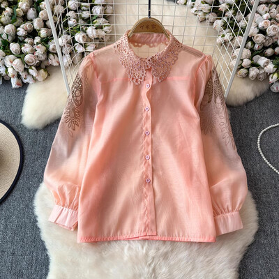 EWQ sokoldalú gyöngyhímzésű üreges női ing 2024 új, bő hajtókás galléros hosszú ujjú fényvédő felsőruha 27X908