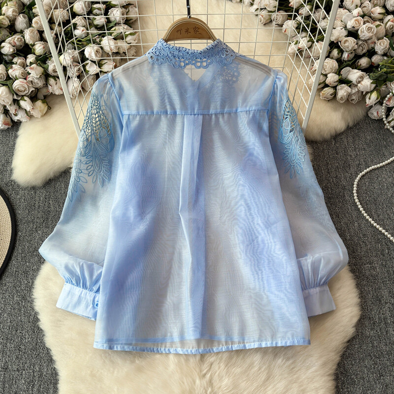 EWQ sokoldalú gyöngyhímzésű üreges női ing 2024 új, bő hajtókás galléros hosszú ujjú fényvédő felsőruha 27X908