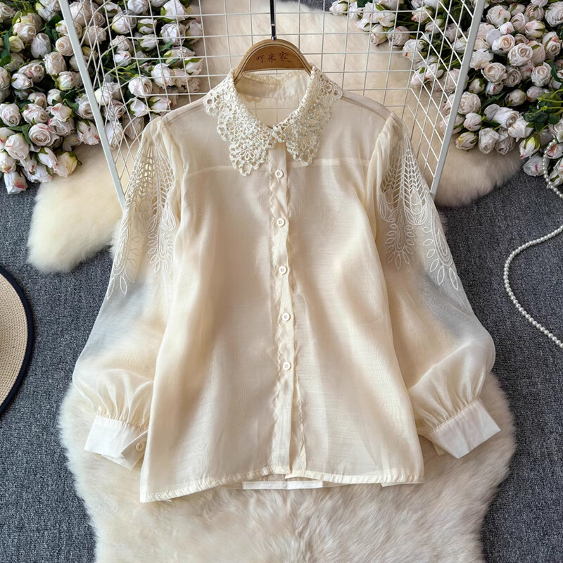 EWQ sokoldalú gyöngyhímzésű üreges női ing 2024 új, bő hajtókás galléros hosszú ujjú fényvédő felsőruha 27X908