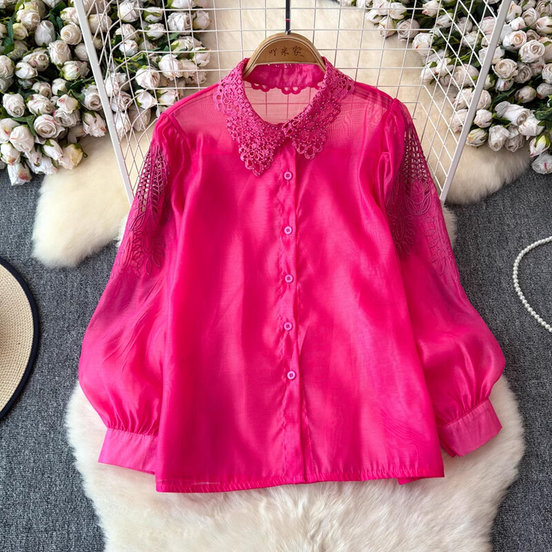 EWQ sokoldalú gyöngyhímzésű üreges női ing 2024 új, bő hajtókás galléros hosszú ujjú fényvédő felsőruha 27X908