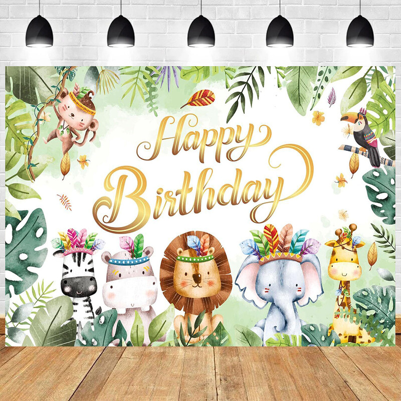 Jungle Animals téma Dzsungel szafari születésnapi parti Wild One Baby Shower Fiú Lány Születésnapi Családi Fénykép Háttér Dekoráció