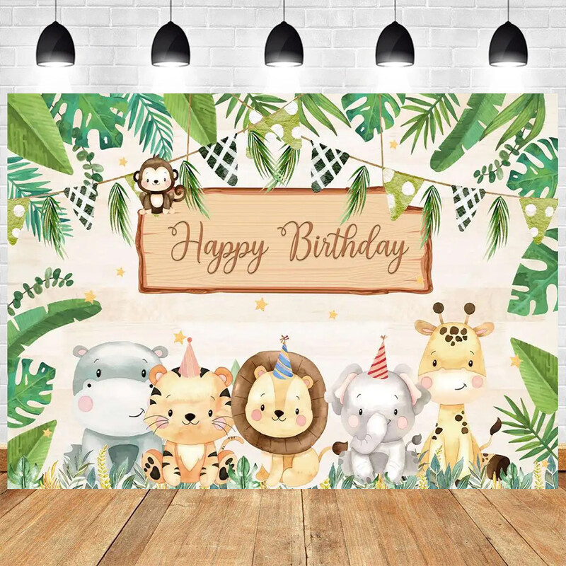 Jungle Animals téma Dzsungel szafari születésnapi parti Wild One Baby Shower Fiú Lány Születésnapi Családi Fénykép Háttér Dekoráció