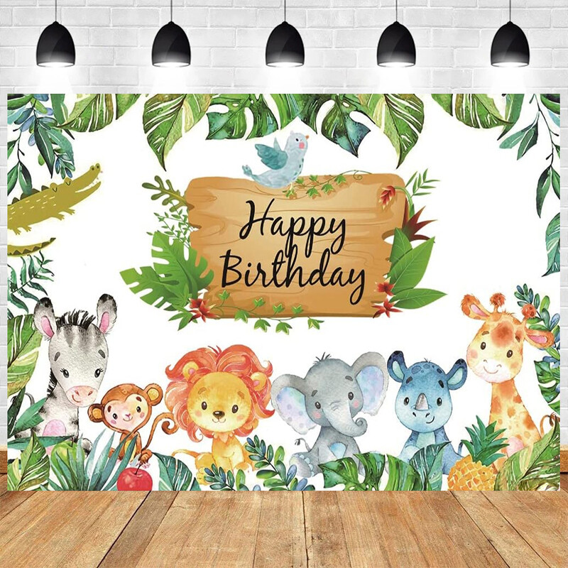 Jungle Animals téma Dzsungel szafari születésnapi parti Wild One Baby Shower Fiú Lány Születésnapi Családi Fénykép Háttér Dekoráció
