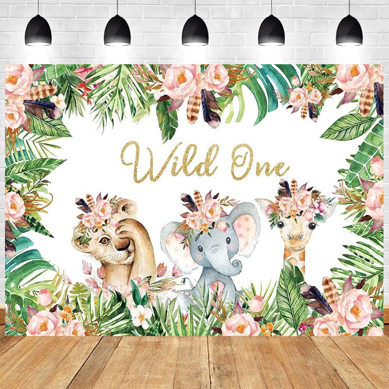 Jungle Animals téma Dzsungel szafari születésnapi parti Wild One Baby Shower Fiú Lány Születésnapi Családi Fénykép Háttér Dekoráció