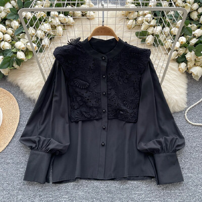 Vintage O-nyakú alapok, hosszú lámpás ujjú alapok Egysoros, elegáns, vájt csipke felső irodai női High Street őszi blúz