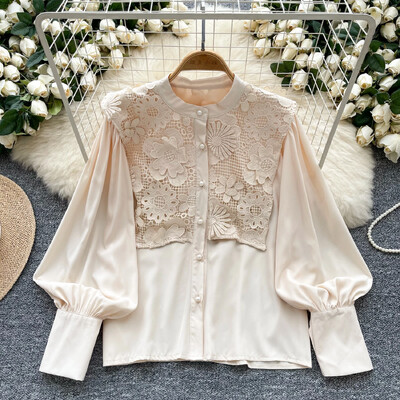 Vintage O-nyakú alapok, hosszú lámpás ujjú alapok Egysoros, elegáns, vájt csipke felső irodai női High Street őszi blúz