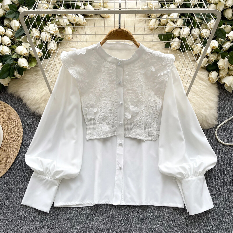 Vintage O-nyakú alapok, hosszú lámpás ujjú alapok Egysoros, elegáns, vájt csipke felső irodai női High Street őszi blúz
