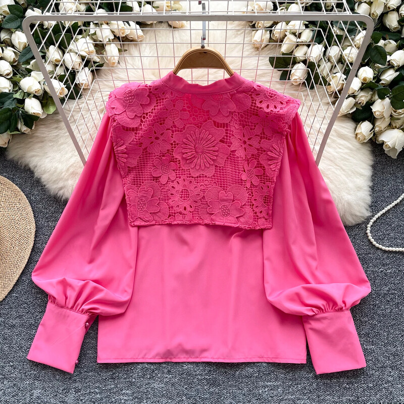 Vintage O-nyakú alapok, hosszú lámpás ujjú alapok Egysoros, elegáns, vájt csipke felső irodai női High Street őszi blúz