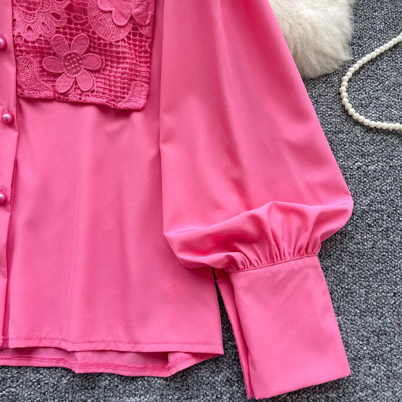 Vintage O-nyakú alapok, hosszú lámpás ujjú alapok Egysoros, elegáns, vájt csipke felső irodai női High Street őszi blúz