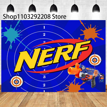 Θέμα κινουμένων σχεδίων Nerf Gun Παιδιά Πόλεμος γενεθλίων πάρτι αγόρια Μπλε παιχνίδι σκοποβολής Βελάκια με φόντο Φωτογραφία Baby Shower Photo Booth Props