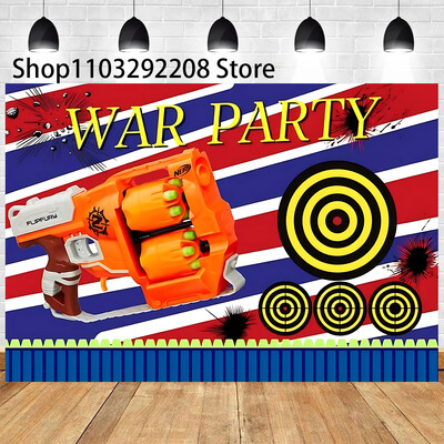 Rajzfilm Nerf Gun téma Gyerekek Születésnapi Háborús Party Fiúk Kék játék Lövöldözős Darts Háttér fotózás Babazuhany Fotófülke kellékek