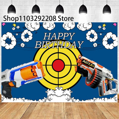 Rajzfilm Nerf Gun téma Gyerekek Születésnapi Háborús Party Fiúk Kék játék Lövöldözős Darts Háttér fotózás Babazuhany Fotófülke kellékek