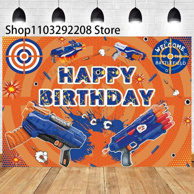 Rajzfilm Nerf Gun téma Gyerekek Születésnapi Háborús Party Fiúk Kék játék Lövöldözős Darts Háttér fotózás Babazuhany Fotófülke kellékek