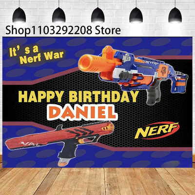 Rajzfilm Nerf Gun téma Gyerekek Születésnapi Háborús Party Fiúk Kék játék Lövöldözős Darts Háttér fotózás Babazuhany Fotófülke kellékek