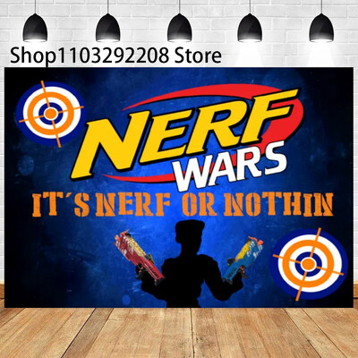 Rajzfilm Nerf Gun téma Gyerekek Születésnapi Háborús Party Fiúk Kék játék Lövöldözős Darts Háttér fotózás Babazuhany Fotófülke kellékek