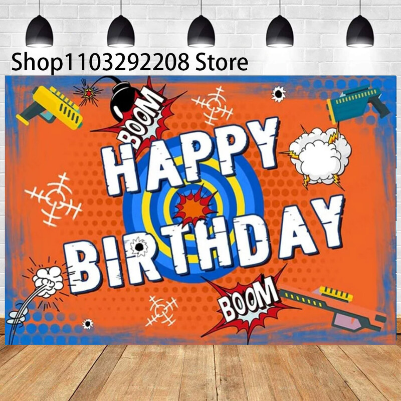 Rajzfilm Nerf Gun téma Gyerekek Születésnapi Háborús Party Fiúk Kék játék Lövöldözős Darts Háttér fotózás Babazuhany Fotófülke kellékek