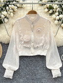 SINGREINY 3D virágos elegáns fényes ing női gomba szélén álló gallér Lámpás ujjak gombok francia őszi alap sifon blúz